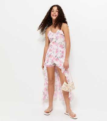 Girls White Rose Print Slit Hem Maxi Dress