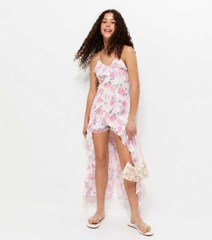 Girls White Rose Print Slit Hem Maxi Dress