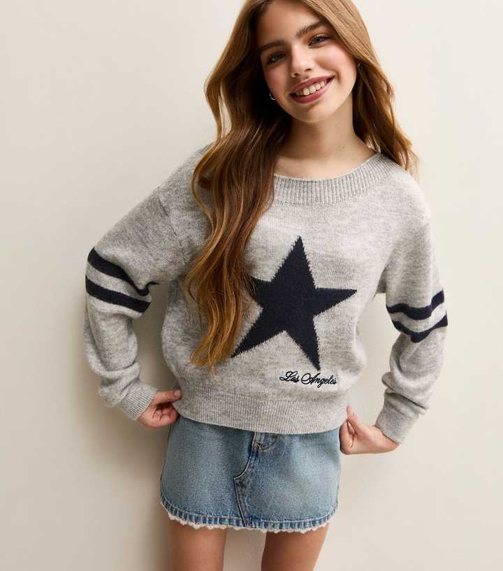Girls Grey Embroidered Star Slash Neck Jumper
