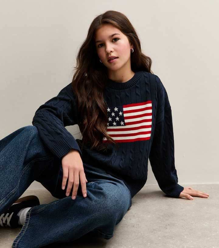Girls Navy Cable Knit American Flag Jumper