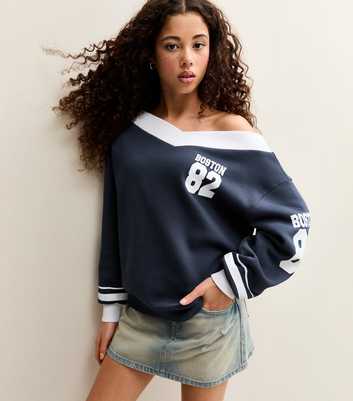 Girls Navy Boston Off Shoulder Oversized Jumper