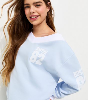 Girls Light Blue Boston Off Shoulder Oversized Jumper