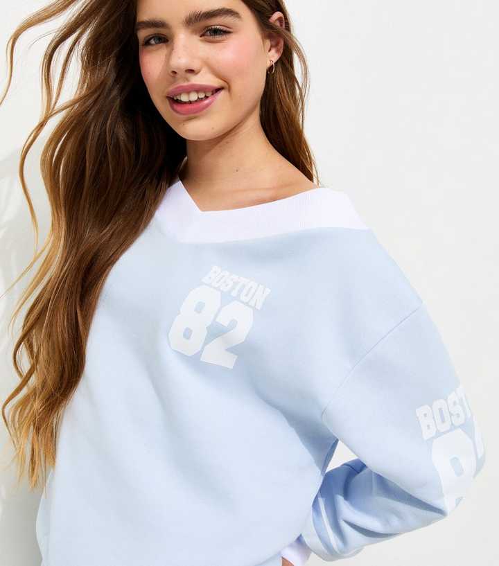 Girls Light Blue Boston Off Shoulder Oversized Jumper
