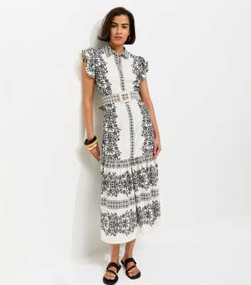 Cream Floral Border Print Buckle Detail Shirt Dress
