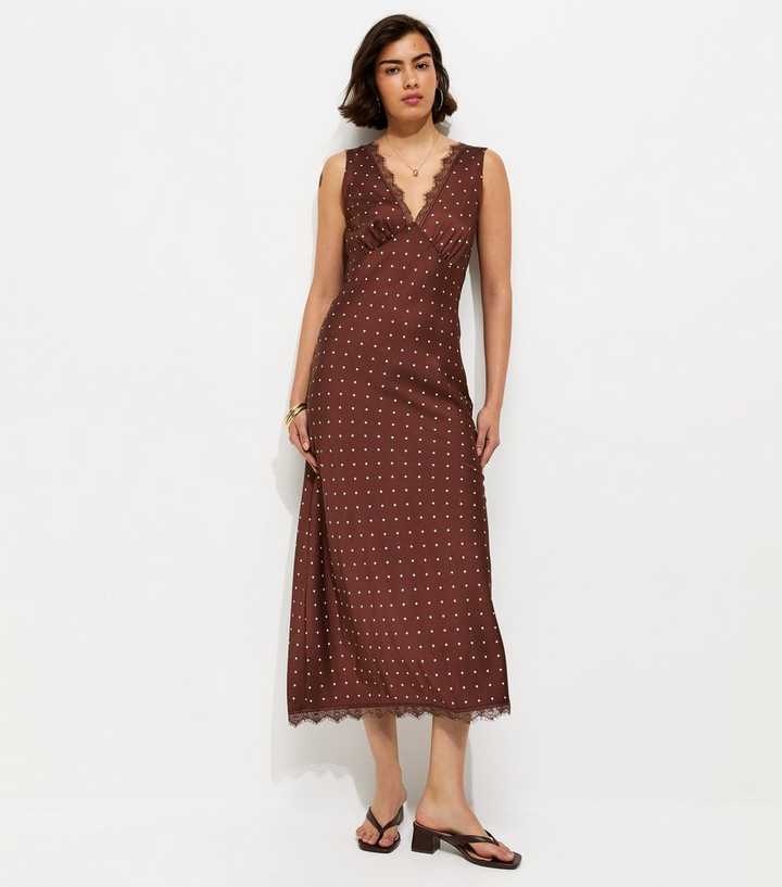 sachin and babi light blue dress Brown Polka Dot Satin Lace Trim Midi Dress