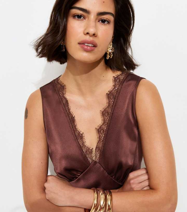 Dark Brown Satin Lace Trim Slip Midi Dress | New Look