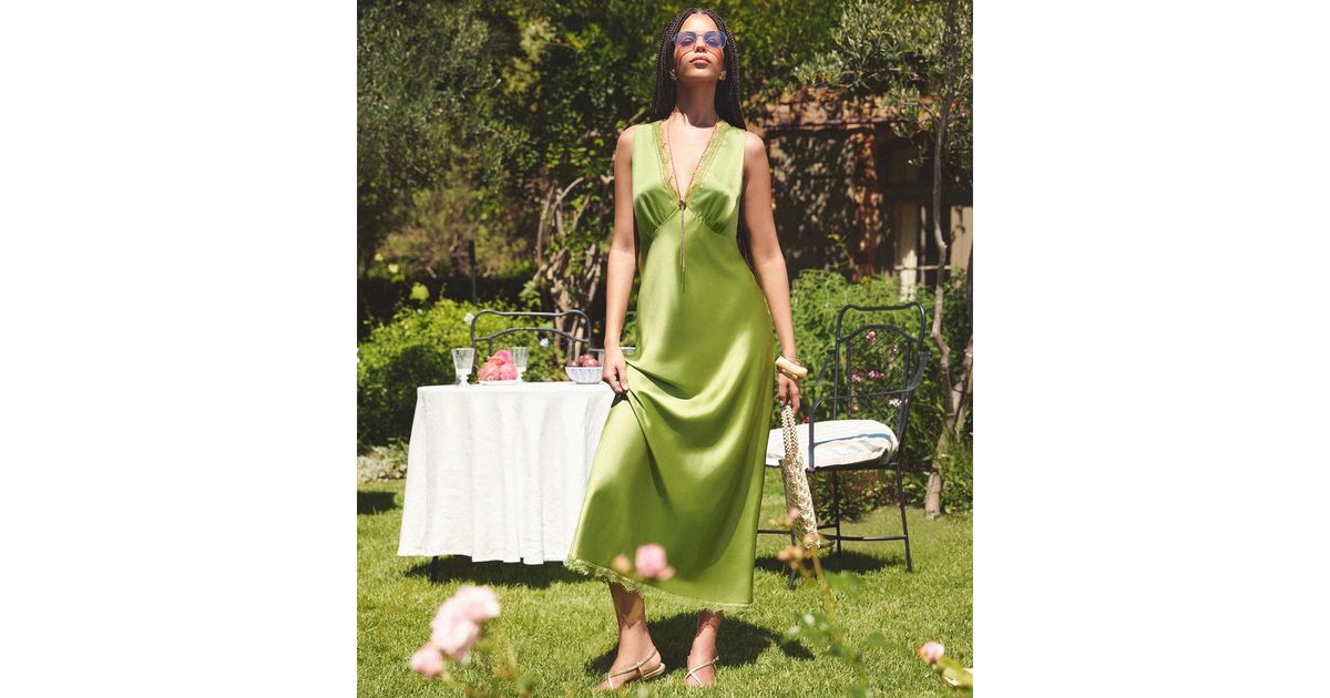 Green Satin Lace Trim Slip Midi Dress | New Look