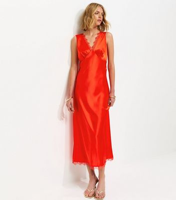 Red Satin Lace Trim Slip Midi Dress | New Look