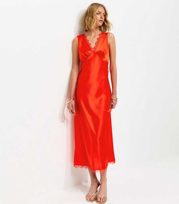 Red Satin Lace Trim Slip Midi Dress