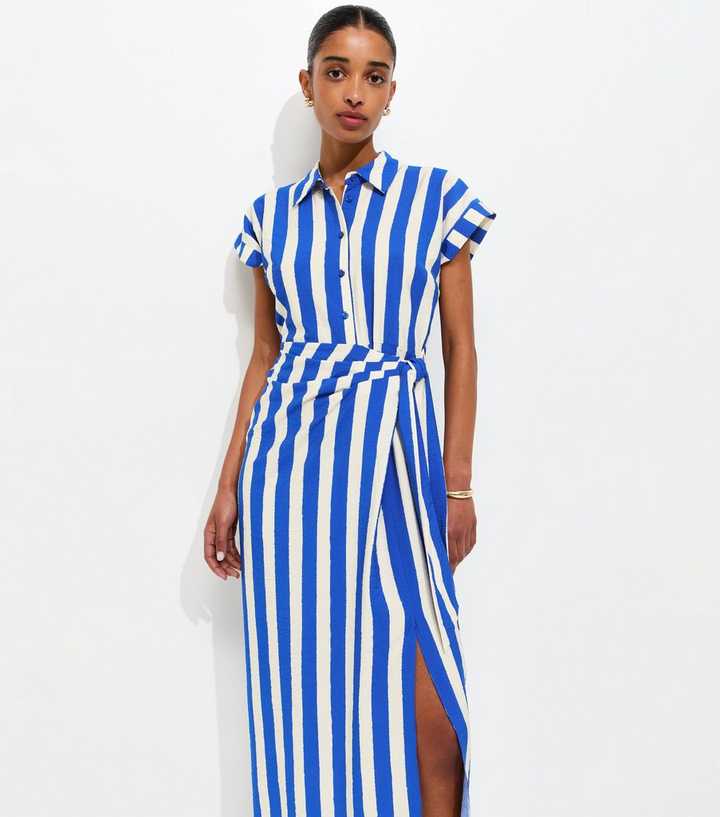 Blue Stripe Tie Waist Midi Shirt Dress
