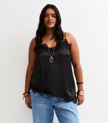 Curves Black Longline Lace Cami Top | New Look
