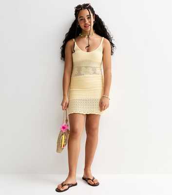 Girls Light Yellow Cotton Panelled Crochet Mini Dress
