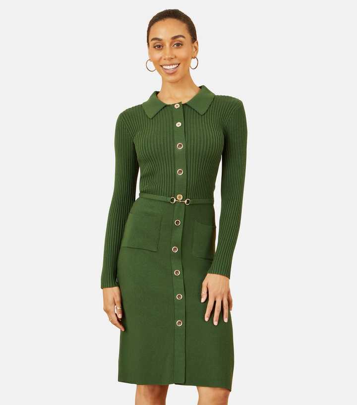 Yumi Green Ribbed Knit Shirt Dress