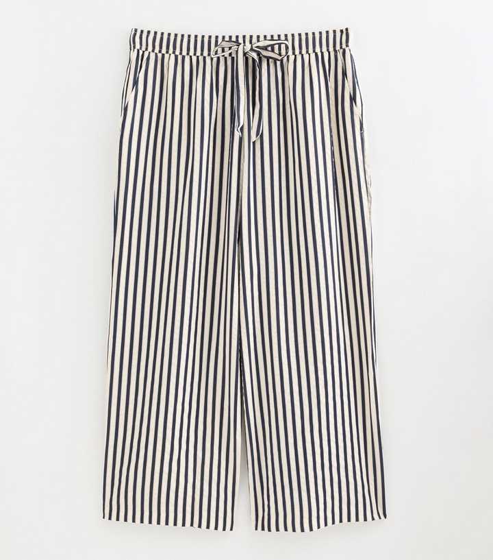 Curves Navy Stripe Print Wide Leg Trousers