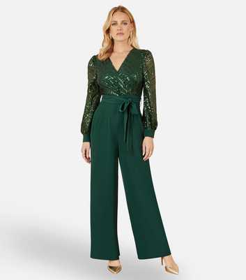 Yumi Dark Green Sequin Wrap Jumpsuit