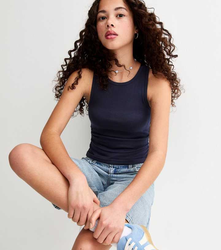 Girls Navy Ruched Side Racer Vest Top