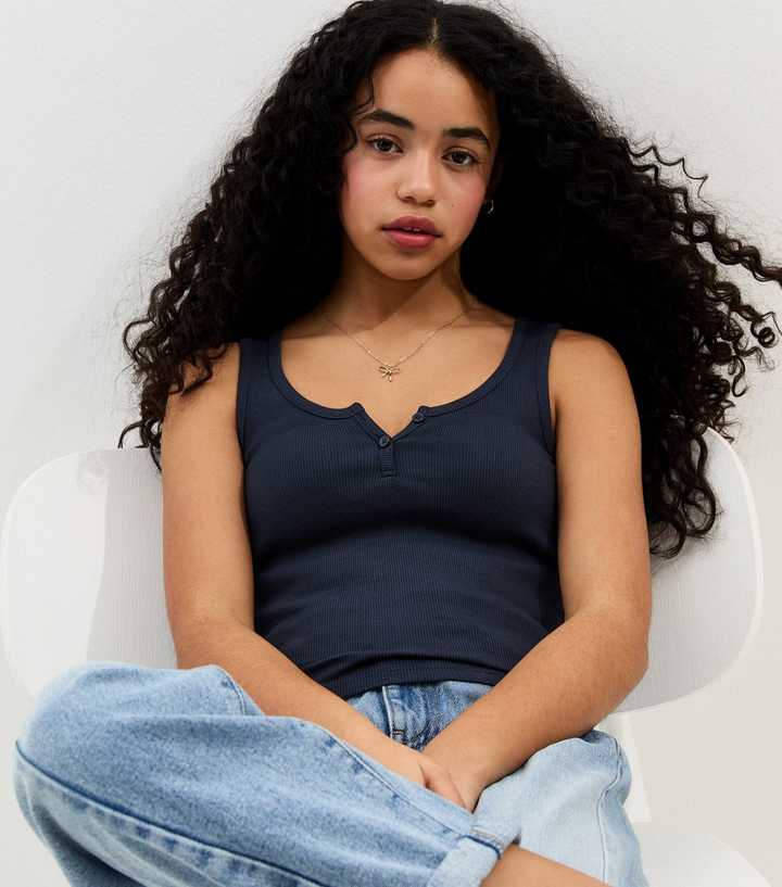 Girls Navy Button Placket Vest Top