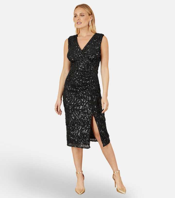 Yumi Black Sequin Wrap Fitted Dress | New Look Yumi Black Sequin Wrap Fitted Dress | New Look
