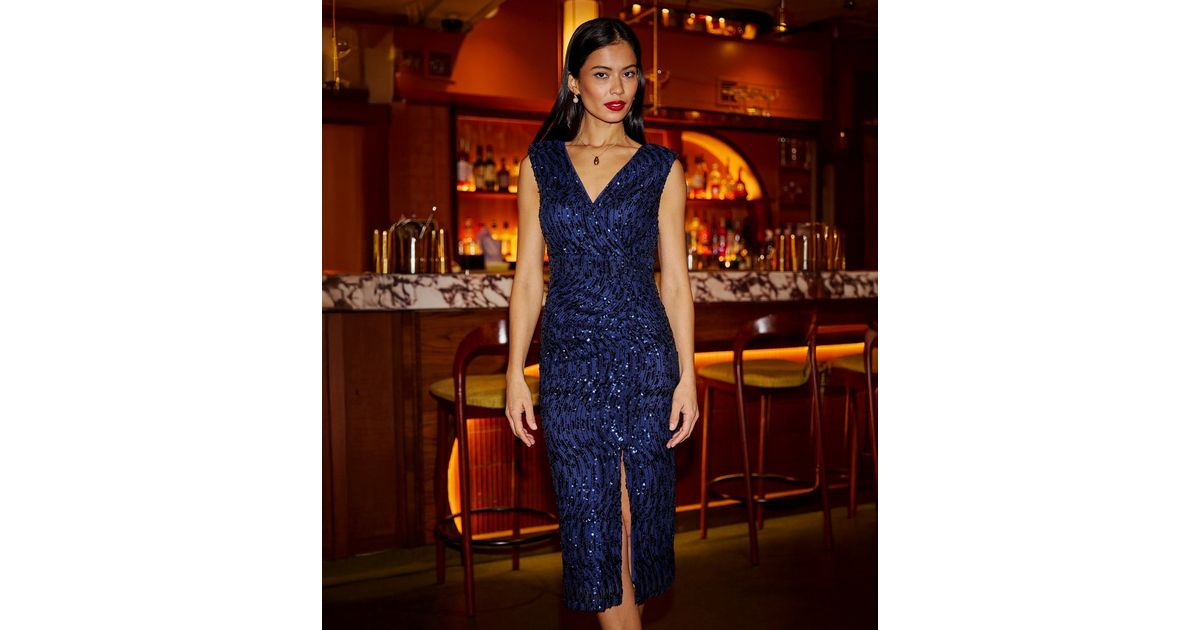 Yumi Navy Sequin Wrap Fit Dress New Look