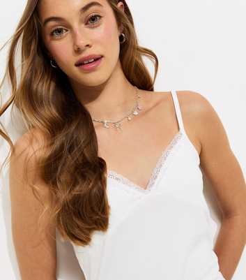 Girls White Lace Trim V-Neck Fitted Cami Top