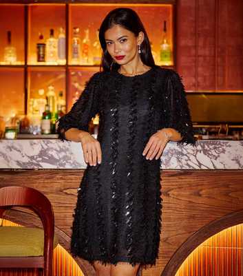 Yumi Black Sequin Short Sleeve Tunic Mini Dress