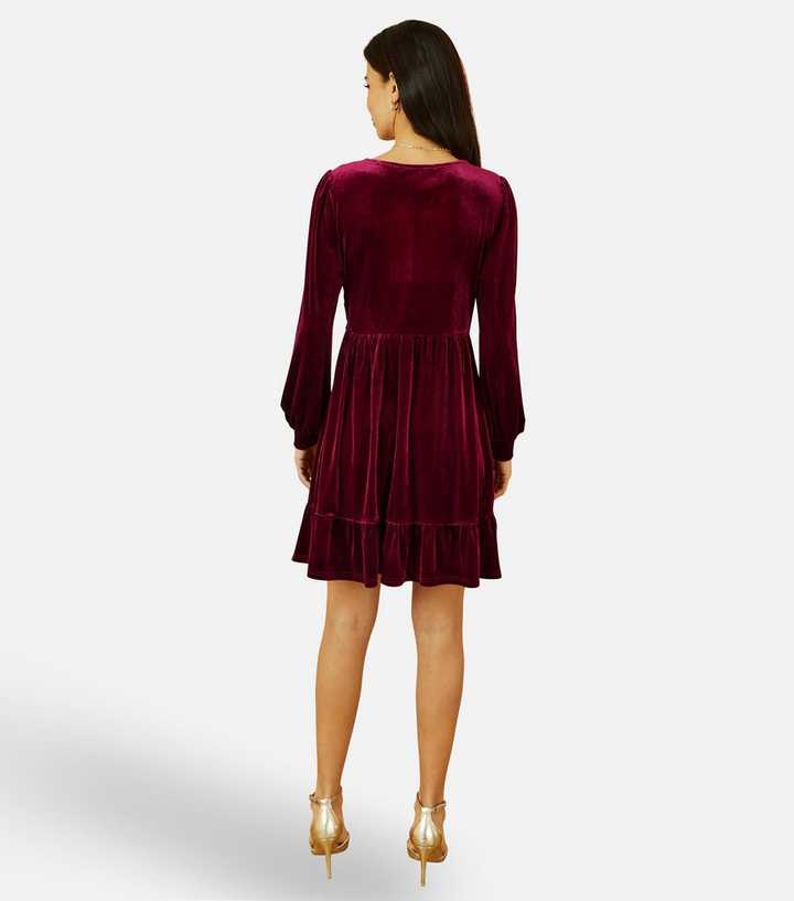 Yumi Burgundy Velvet Long Sleeve Skater Dress | New Look