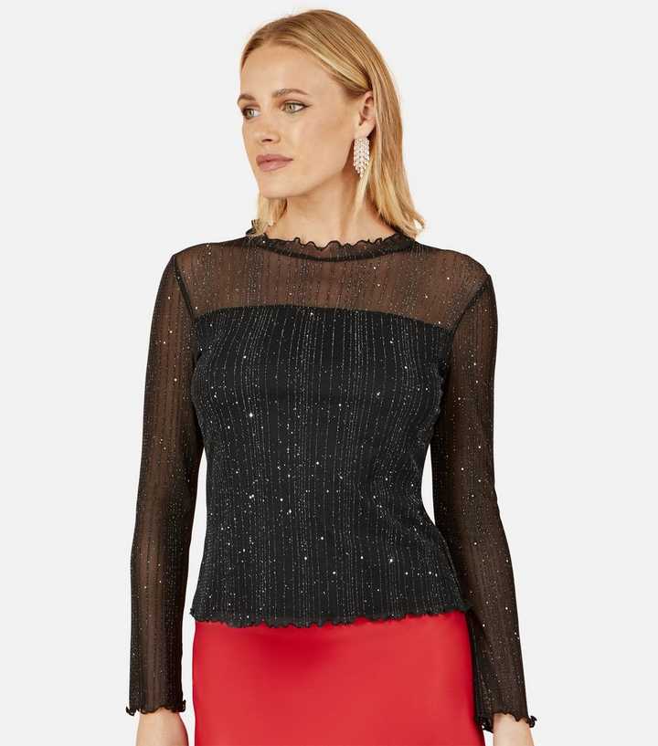 Yumi Black Sparkle Stripe Mesh Top