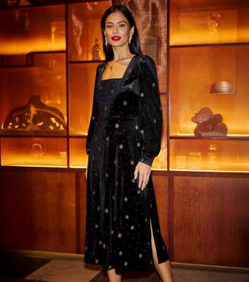 Yumi Velvet Black Gold Foil Midi Dress