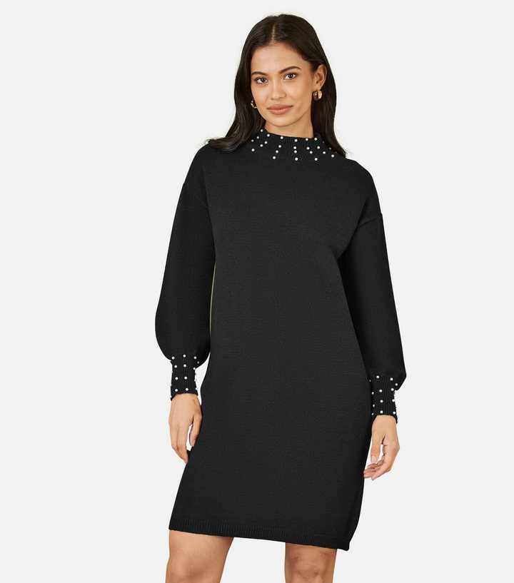Yumi Black Faux Pearl Necklace Knit Dress