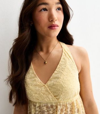 Girls Light Yellow Lace Halter Neck Top