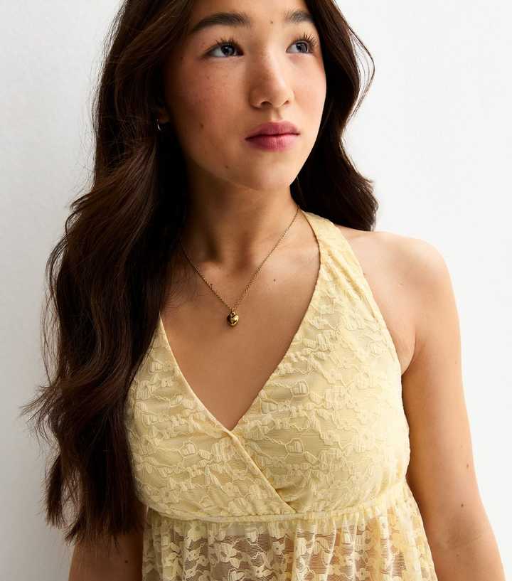 Girls Light Yellow Lace Halter Neck Top