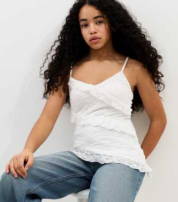 Girls White Ruffle Trim Asymmetric Lace Cami Top