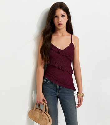 Girls Dark Burgundy Ruffle Trim Asymmetric Lace Cami Top