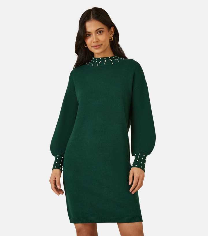 Yumi Green Faux Pearl Necklace Knit Dress