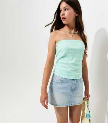 Girls Turquoise Floral Embroidered Mesh Bandeau Top