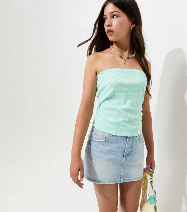 Girls Turquoise Floral Embroidered Mesh Bandeau Top