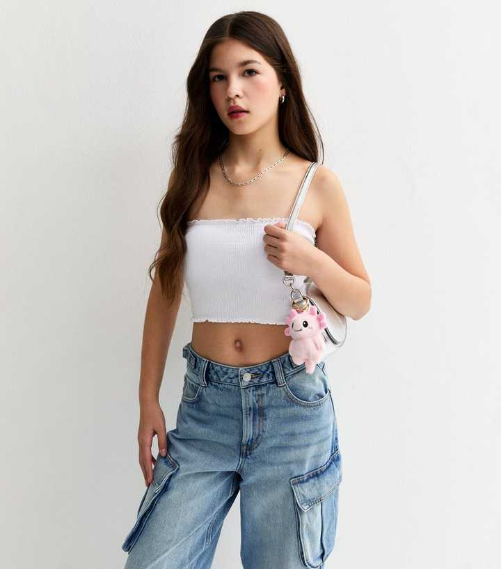Girls White Shirred Bandeau Crop Top