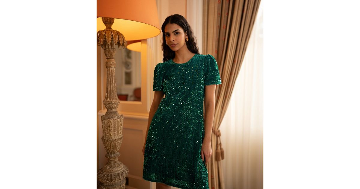 Yumi Green Sequin Shift Dress | New Look