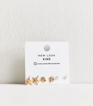 Pack of 3 Gold Tone Shell Starfish and Faux-Pearl Stud Earrings