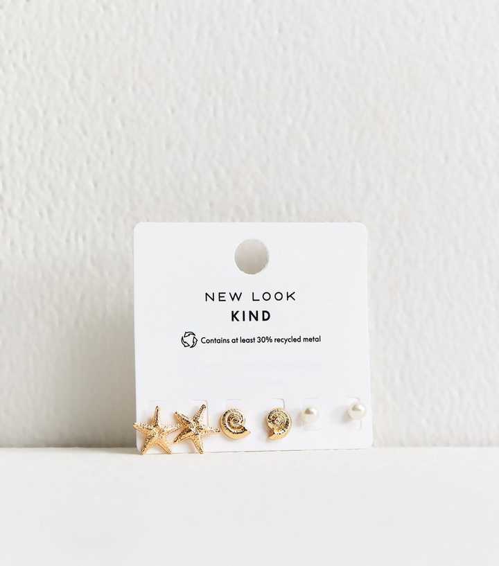 Pack of 3 Gold Tone Shell Starfish and Faux-Pearl Stud Earrings