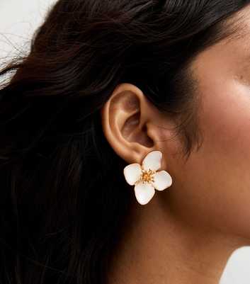 Gold Tone Cream Enamel Flower Stud Earrings