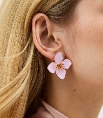 Gold Tone Light Pink Enamel Flower Stud Earrings