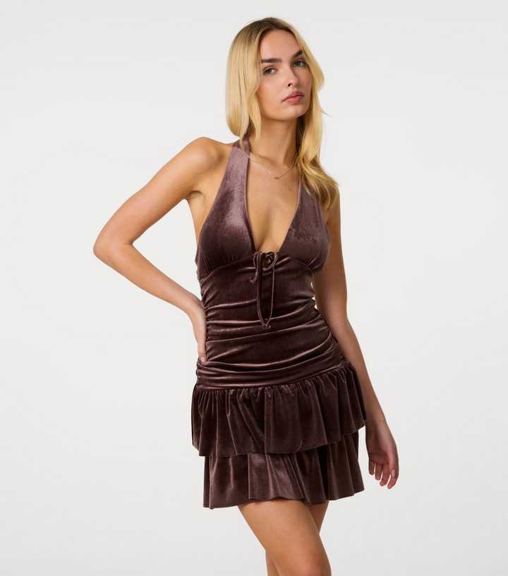 Pink Vanilla Dark Brown Velvet Halter Mini Dress | New Look