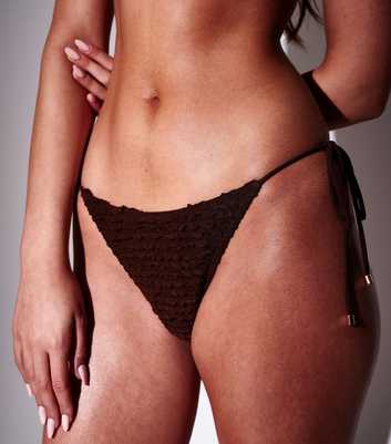 South Beach Brown Textured Frill Beaded Side Tie Bikini Bottoms
