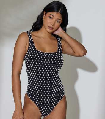 South Beach Black Textured Polka Dot Tummy Control Swimsuit