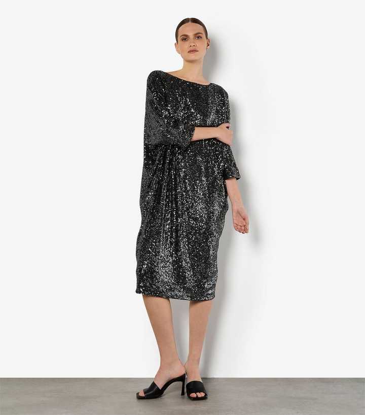 Apricot Silver Sequin Lines Cocoon Midi Dress