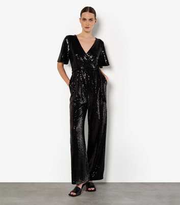 Apricot Black Flat Sequin Angel Sleeve Jumpsuit