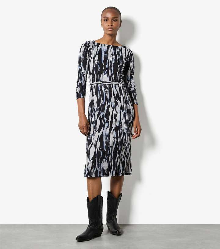 Apricot Blue Brushstroke Columns Midi Dress