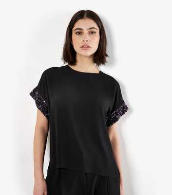 Apricot Black Swirly Sequin Chiffon Top