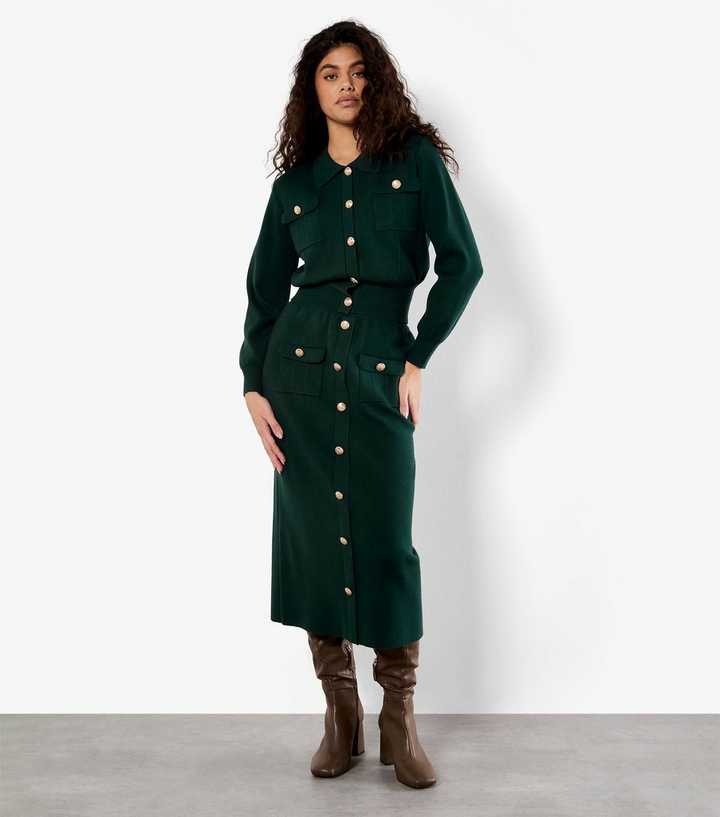Apricot Dark Green Buttoned Knit Midi Skirt